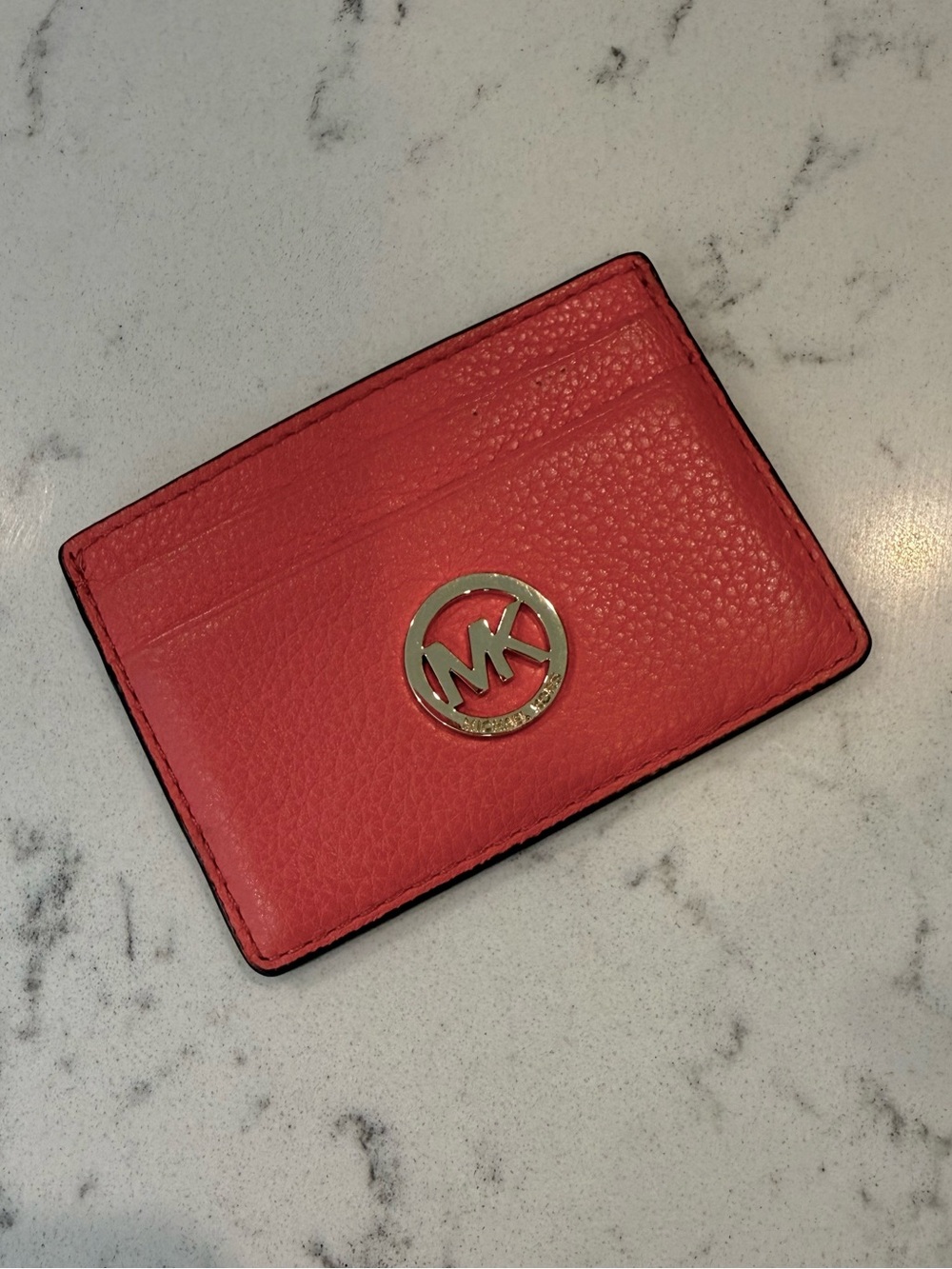 Michael Kors Pink Pebbled Leather Card Holder with Gold MK Emblem